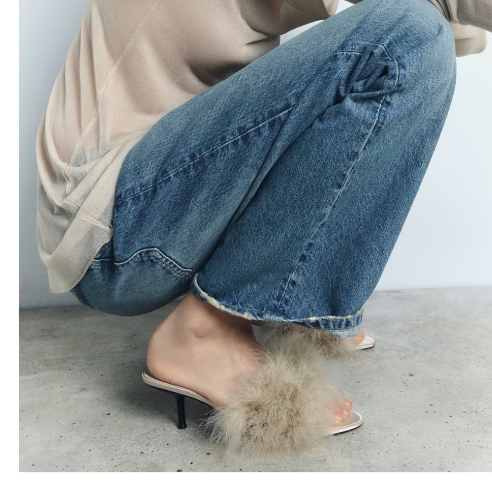 Zara feathered heeled mules size 6.5
